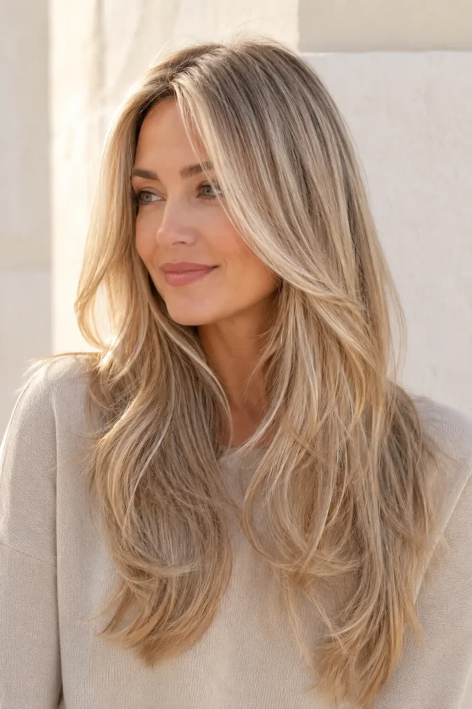 woman with soft beige blonde long layered hair, smooth waves, natural blonde dimension, glossy shine, and face-framing layers in bright outdoor daylight.