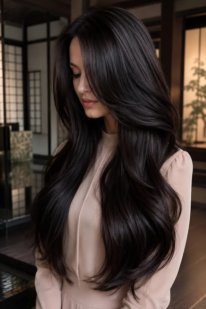 Extremely long soft black hair with subtle espresso and dark chocolate dimension, styled in sleek glossy waves, worn by a real woman in a Japanese-inspired minimalist interior with soft diffused lighting.