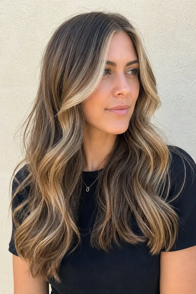 an English woman with a soft blonde money piece hairstyle, featuring darker base hair color, bright blonde face-framing highlights, long layered waves, glossy texture, and natural volume in outdoor daylight.