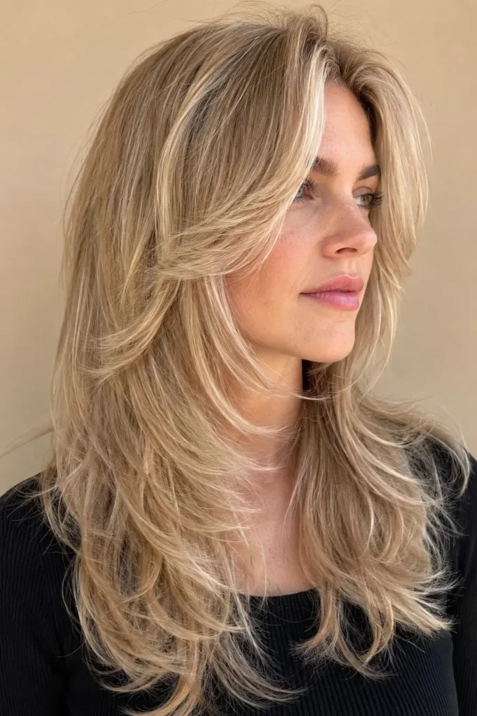 an English woman with a soft blonde wolf cut and elegant curtain bangs, featuring feathered layers, glossy blonde highlights, and healthy shine against a neutral beige background in bright natural daylight.
