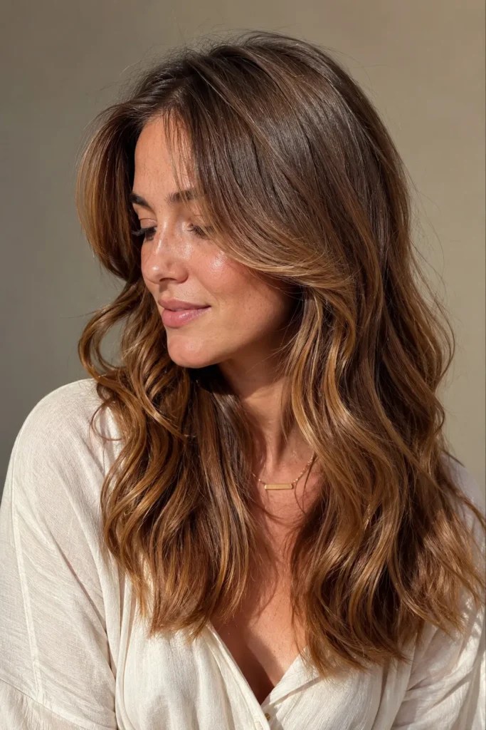 a woman with soft caramel brown hair tint, featuring glossy layered waves, warm dimensional tones, natural texture,
