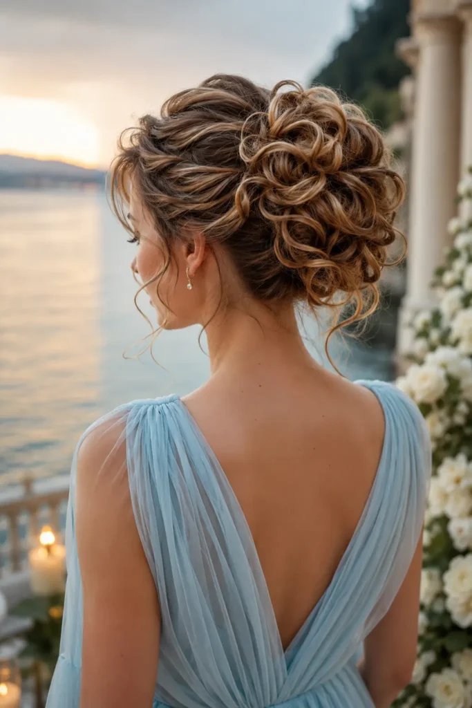 white woman with a soft romantic curled bun and loose face-framing curls, wearing a pale blue chiffon gown at a lakeside wedding venue during sunset, with softly blurred water and garden scenery in the background.