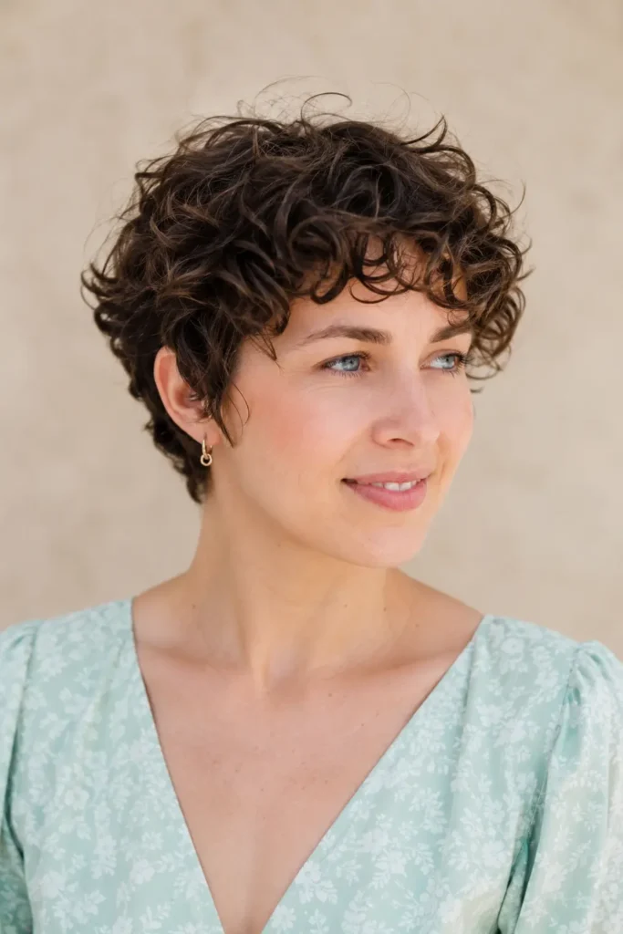 Soft curly pixie haircut with defined curls, natural volume, lightweight layers, and healthy shine on a real woman in soft daylight.