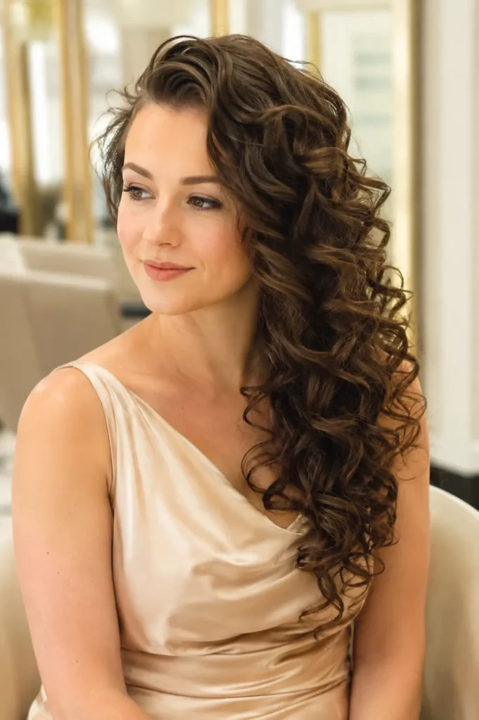 woman with a soft curly side sweep hairstyle featuring long, glossy defined curls cascading over one shoulder, wearing an elegant champagne dress in bright natural daylight against a warm ivory salon background.