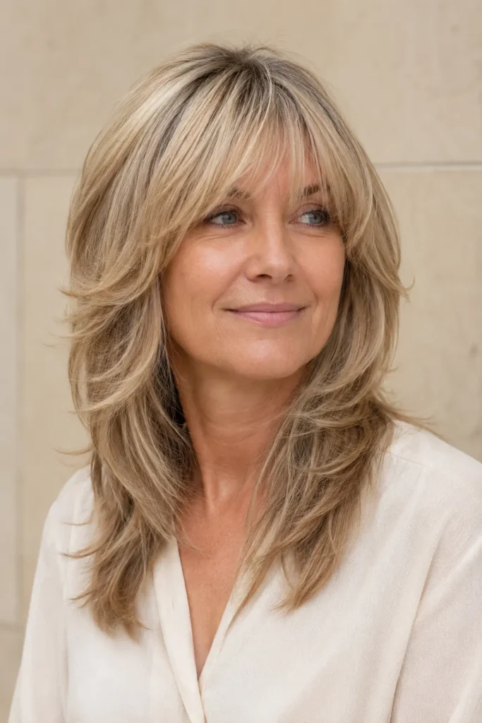 Layered shag haircut with a soft feathered fringe, textured layers, and airy bangs in a bright salon-style portrait against a soft beige background.
