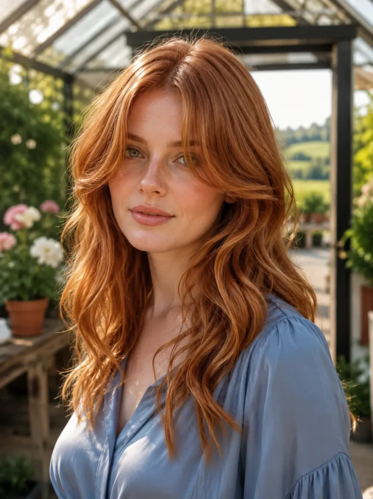 White woman with luminous soft ginger copper hair, airy curtain bangs, loose romantic waves, and face-framing layers, wearing a dusty blue silk blouse
