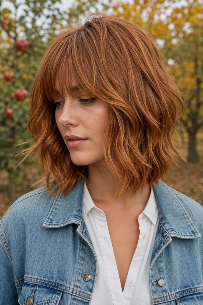 Soft ginger shoulder-length wavy bob with wispy bangs, featuring golden ginger, soft copper, and light auburn tones, worn with a pale blue denim jacket over a white shirt in a blurred autumn apple orchard.