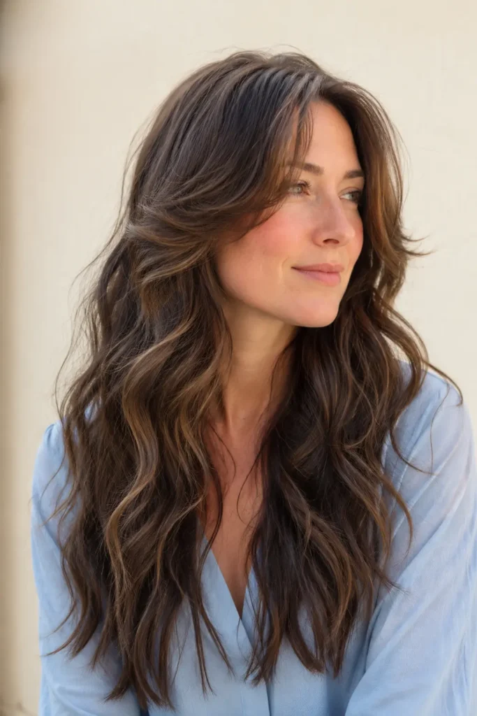 woman with thick naturally wavy hair in a soft jellyfish haircut, featuring gentle layered volume that blends into long flowing waves with a healthy shine. She wears a pale-blue blouse against a warm ivory background in bright natural daylight.