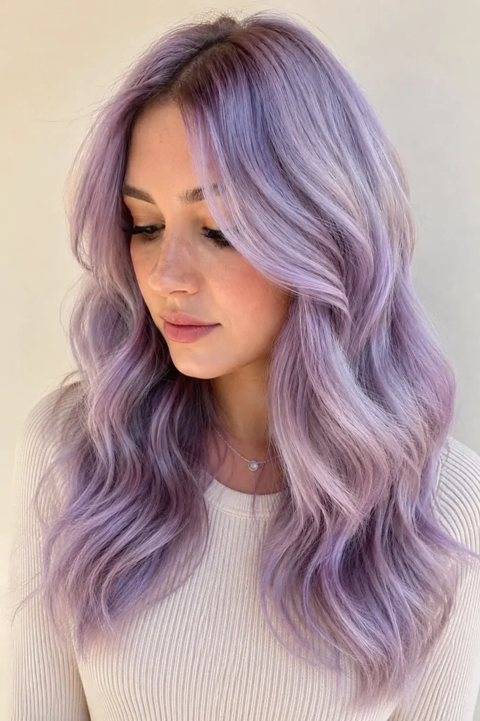an English woman with soft lavender pastel hair tint, featuring long glossy waves, smooth layers, natural texture