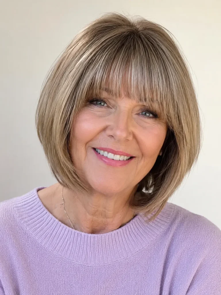 woman aged around 60 with a soft layered bob and full straight bangs, wearing a light lavender sweater against an ivory background. Her glossy, naturally voluminous hair is the focus, captured in bright natural light with realistic mature skin and a warm smile.