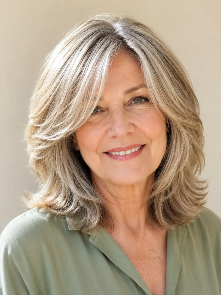 Soft layered shoulder-length haircut on a smiling mature English woman with glossy, face-framing layers in bright natural light.