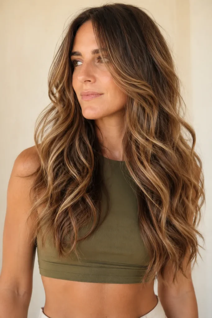 **Soft Long Layers with Warm Caramel Balayage for Thick Wavy Hair**