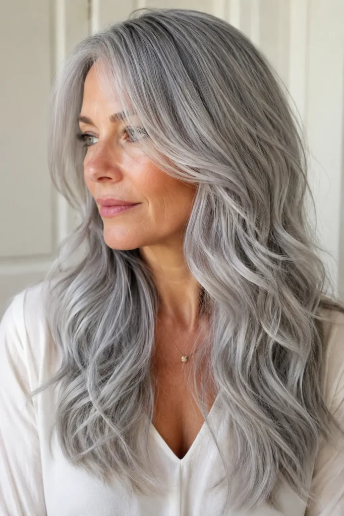 an English woman with soft silver gray hair tint, featuring long layered waves, cool metallic silver tones, natural volume, glossy shine, and healthy hair texture in bright daylight with an elegant ivory background.