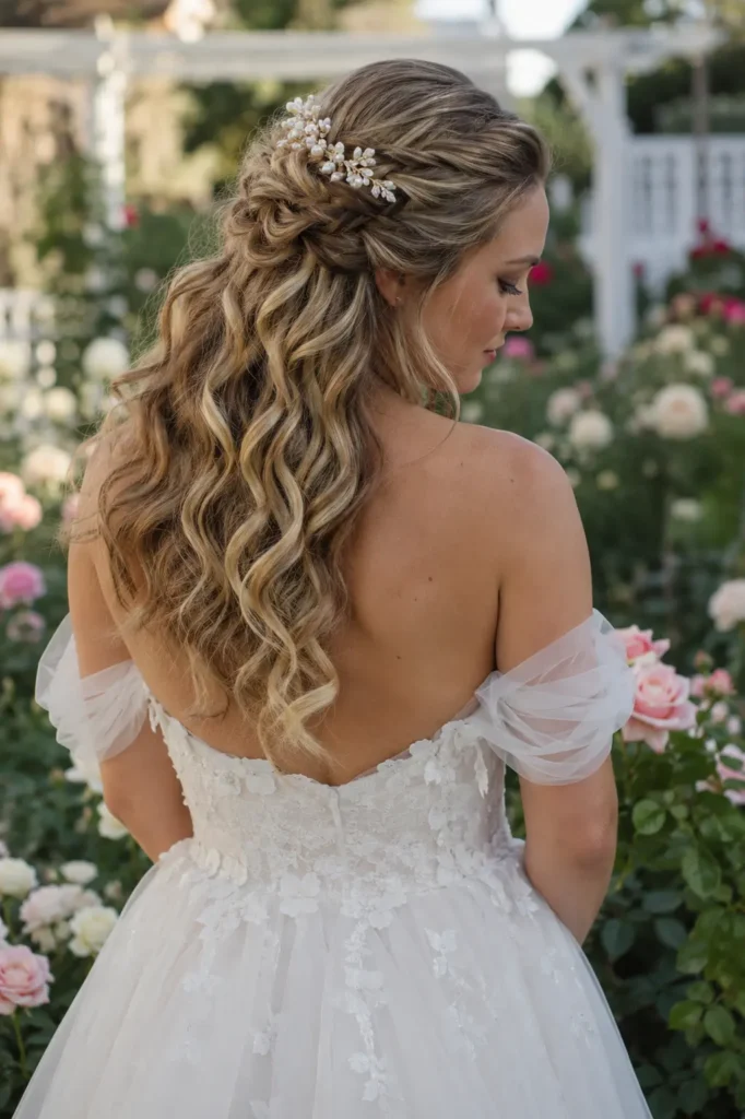 white bride with a soft twisted half-up bridal hairstyle, long caramel blonde curls, a pearl floral hair clip, and a flowing tulle wedding gown in a romantic rose garden.