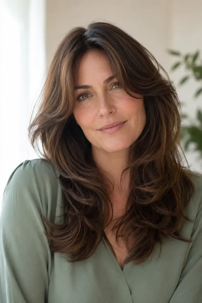 woman with a medium butterfly haircut styled in soft natural waves. Airy feathered layers frame her face, showcasing glossy, healthy medium-length hair. She wears a modest sage-green blouse with natural makeup, photographed in bright daylight against a pale ivory background, with the hairstyle as the main focus.