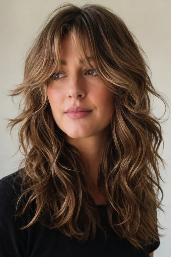 a woman with a soft wavy wolf cut and curtain bangs, featuring feathered layers, loose natural waves, and healthy, glossy hair against a soft ivory background.