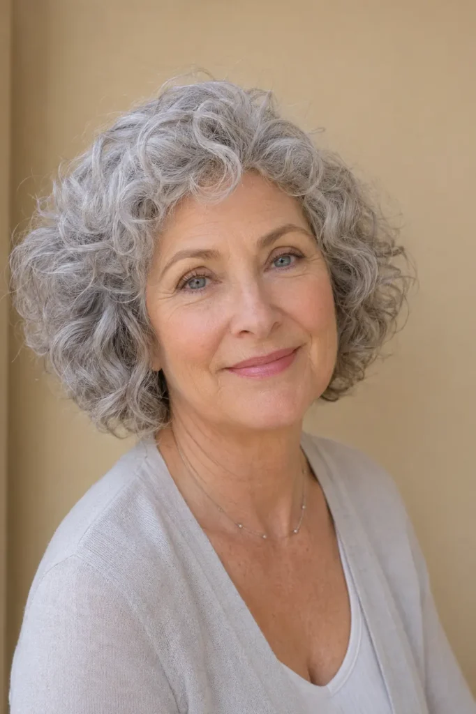 Soft curly gray bob hairstyle on a mature woman with natural silver curls, short layered volume, glossy texture, and elegant hairstyle photography.
