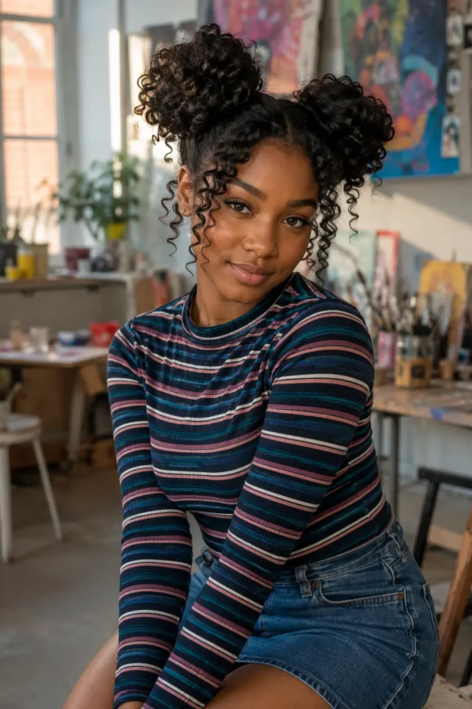 a lack woman with two voluminous curly space buns and soft face-framing tendrils poses in a colourful university art studio, wearing a striped long-sleeve shirt and denim skirt, with blurred canvases and art supplies in the background.