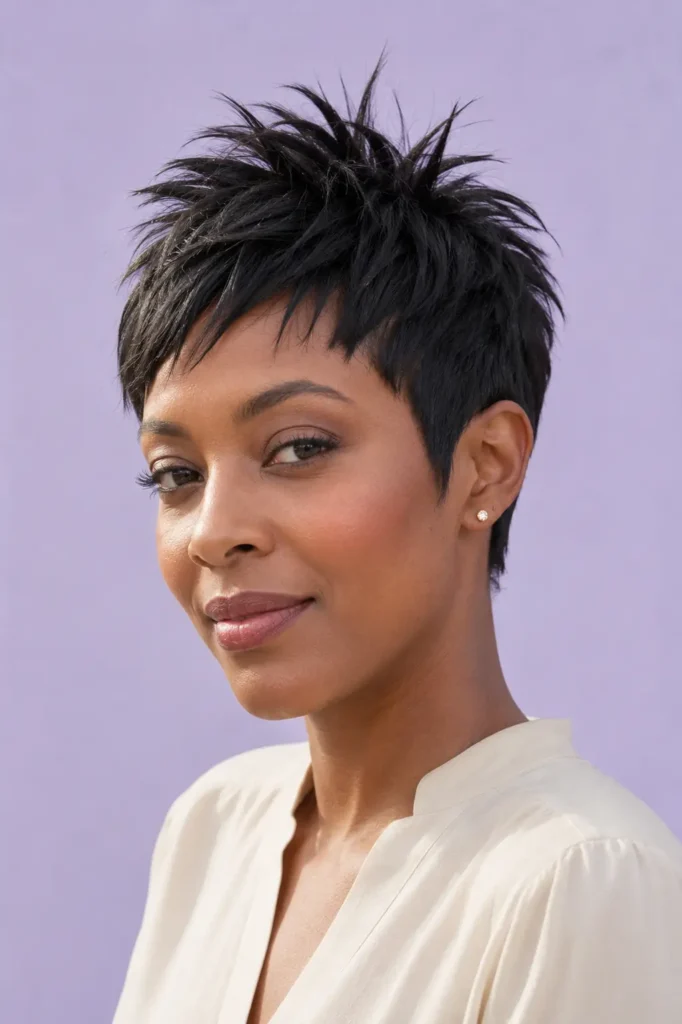 British woman with a stylish spiky textured pixie haircut featuring piecey lifted layers, closely shaped sides, and a clean tapered nape, photographed in bright daylight against a pale lavender background, wearing an ivory blouse.