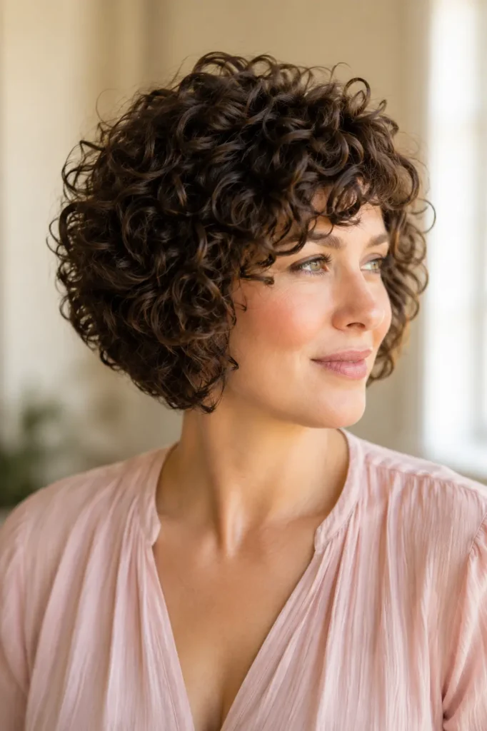 woman with a stacked curly bob haircut featuring graduated layers and voluminous dark-brown curls, photographed in bright natural window light against a warm cream background.