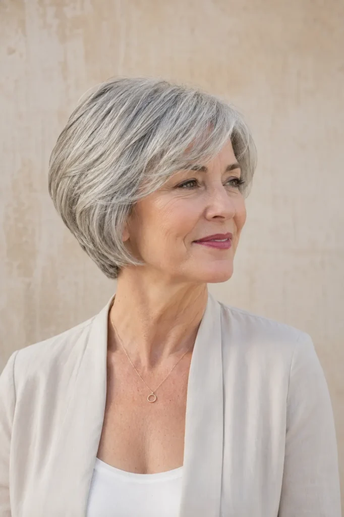 Stacked gray bob haircut on a mature woman with soft silver layers, natural volume, smooth texture, and elegant hairstyle-focused portrait.