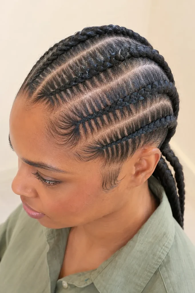 Close-up salon portrait of a real Black British woman with six medium stitch cornrows, featuring crisp horizontal stitch details, clean sections, natural edges, and a sage-green shirt against a soft champagne background.