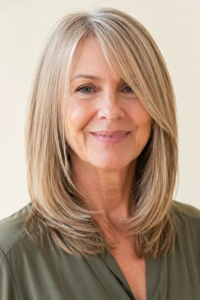 Straight medium-length layered hairstyle on a real English woman over 55, featuring silky shine, natural movement, and bright daylight against an ivory background.