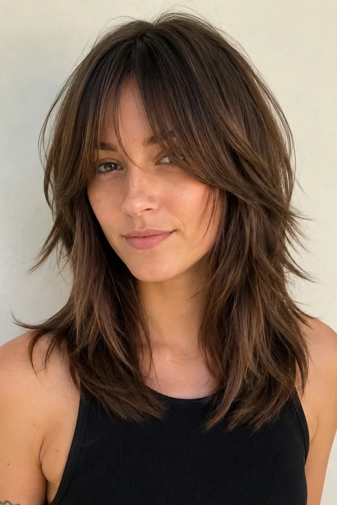 woman with a straight wolf cut and soft curtain bangs, featuring silky feathered layers and glossy, healthy hair in bright natural daylight against a neutral cream background.