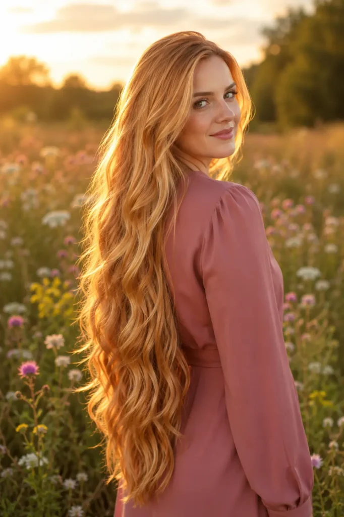 White woman with exceptionally long strawberry blonde layered waves wearing a dusty-rose pink blouse, standing in a countryside wildflower meadow with softly blurred blooms and warm late-afternoon sunlight.