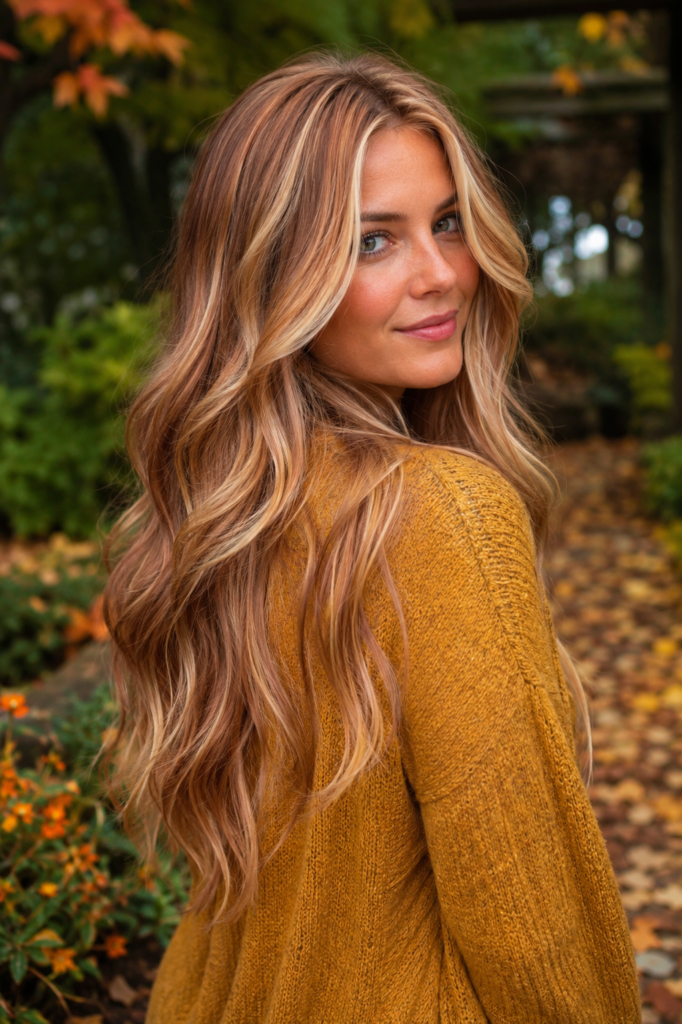 White woman with long glossy soft waves in warm strawberry blonde tones, wearing a mustard cardigan in an autumn garden.