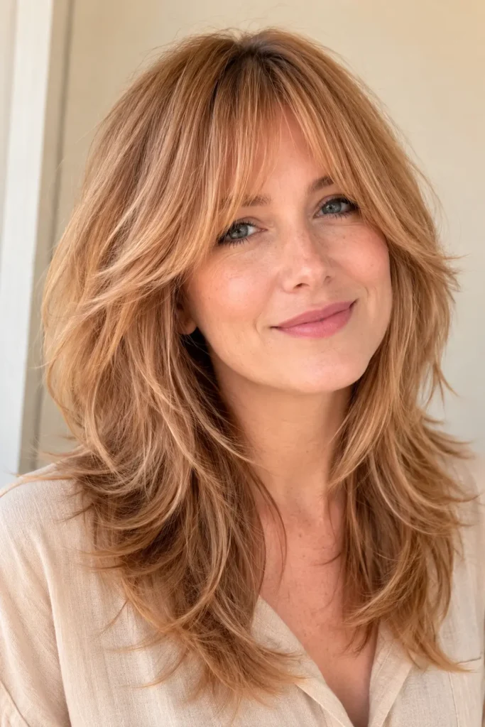 a woman with a strawberry blonde wolf cut, soft bangs, feathered layers, and glossy textured hair in bright natural light.