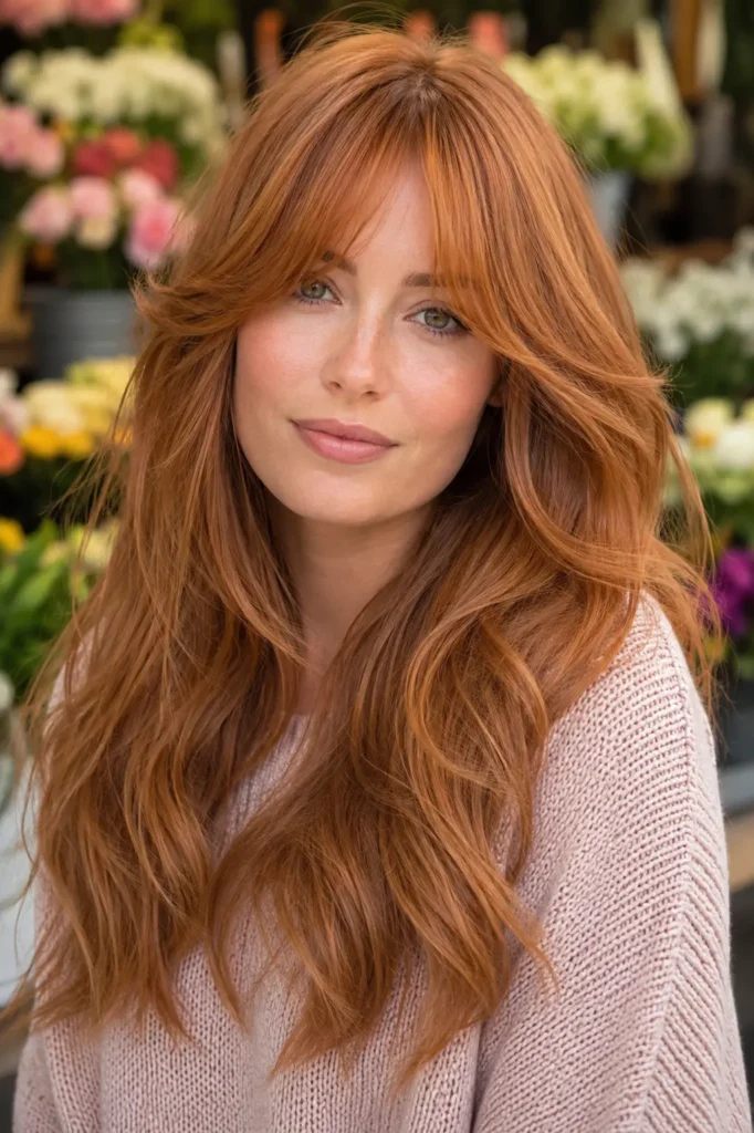 a white woman with soft strawberry copper hair featuring delicate golden-red undertones, airy center-parted curtain bangs, long feathered layers, and loose waves with luminous shine. She wears a modest pale pink knit sweate