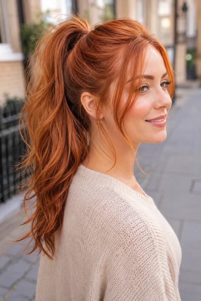 woman with strawberry copper hair tint styled in a soft ponytail, featuring warm copper-orange tones, loose face-framing strands, glossy shine