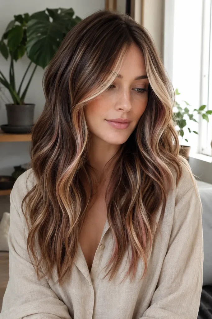 White woman with medium-length wavy brunette hair featuring subtle chocolate brown dimension, fine vanilla blonde highlights, and soft strawberry blush ribbons, wearing a beige linen shirt in a bright minimalist home with indoor plants.