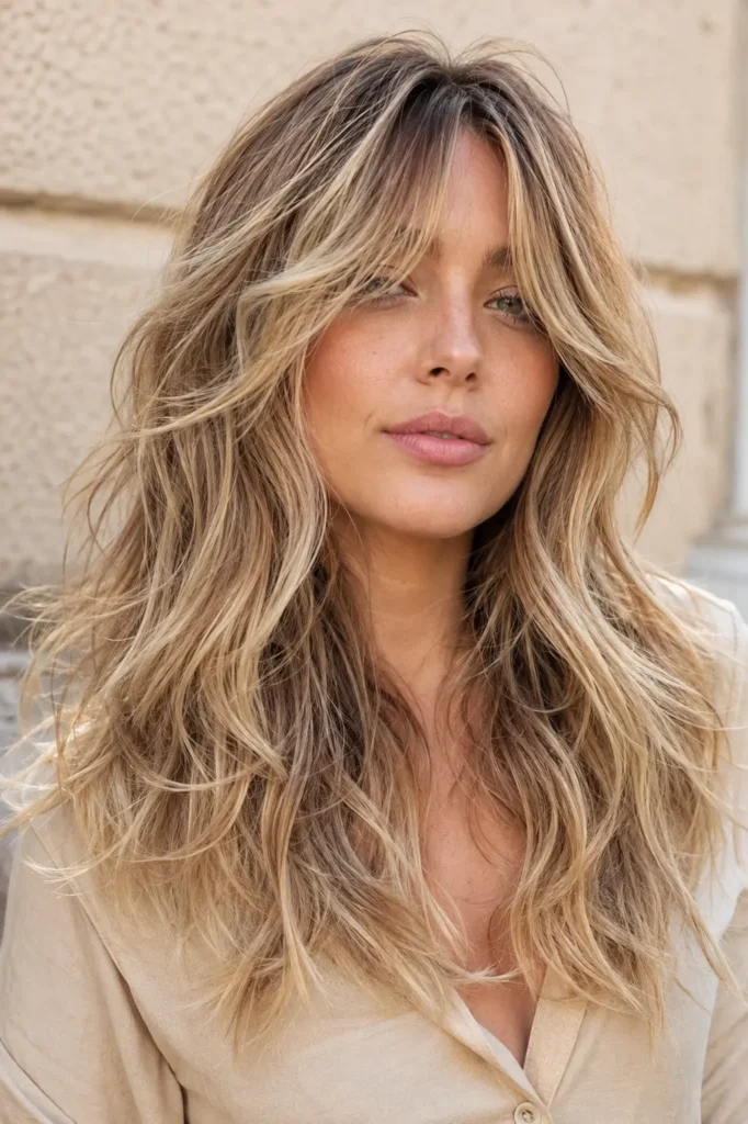 Sun-kissed blonde wolf cut with face-framing bangs, feathered layers, soft waves, and dimensional highlights on a real woman in natural daylight.