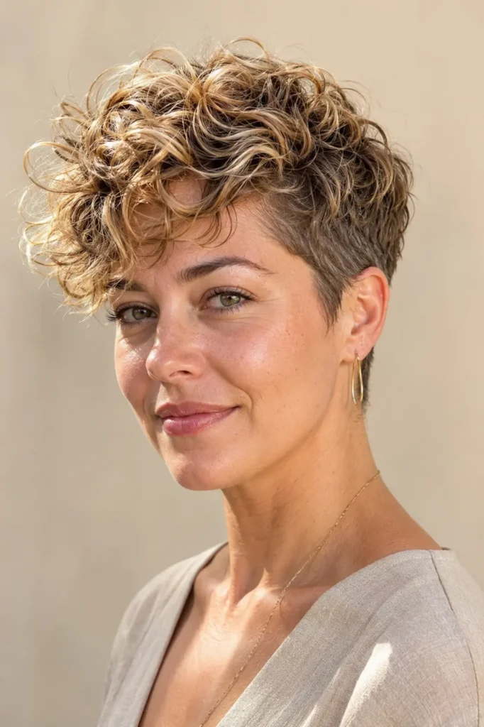 n English woman with a tapered curly pixie haircut, featuring short tapered sides, voluminous light curly hair on top, defined glossy curls, natural texture, and a soft cream background.