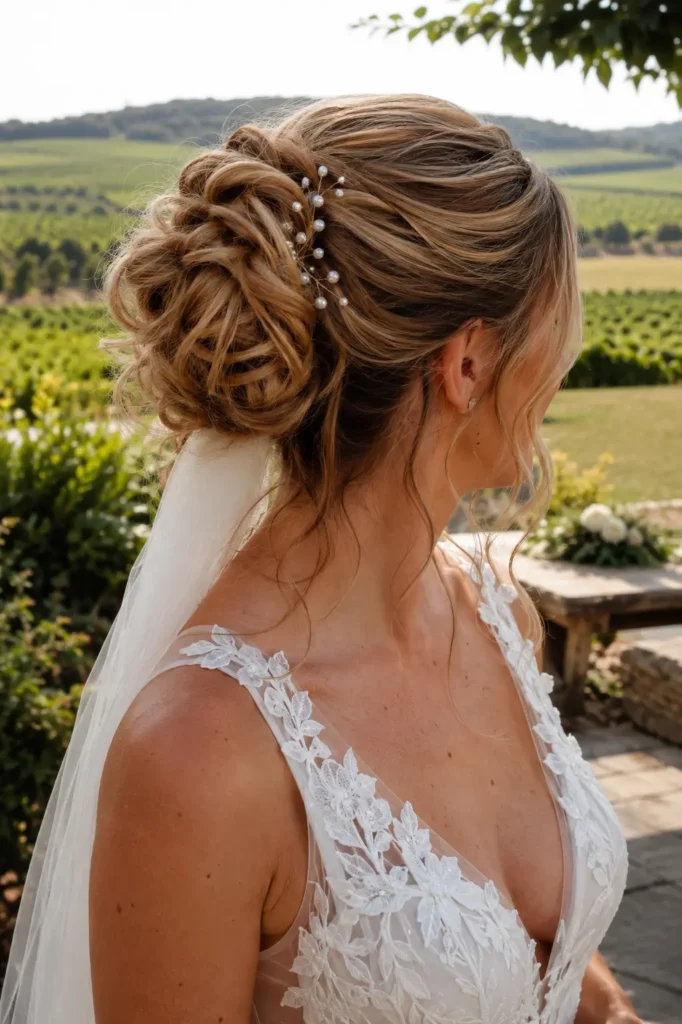 white bride with a soft textured bridal bun in warm caramel blonde hair, adorned with delicate pearl pins, wearing a floral embroidered chiffon wedding gown at a sunlit vineyard wedding venue.