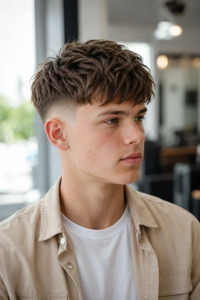 Modern textured crop fade haircut on a white teenage boy in a beige overshirt and white T-shirt, photographed in a bright minimalist barbershop with the hairstyle as the main focus.