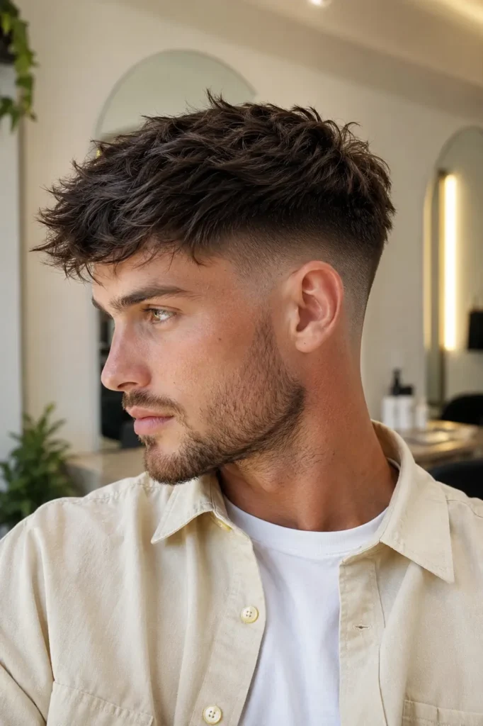man with a modern textured crop fade haircut, natural volume, and light stubble, wearing a cream overshirt over a white T-shirt in a bright ivory barbershop.
