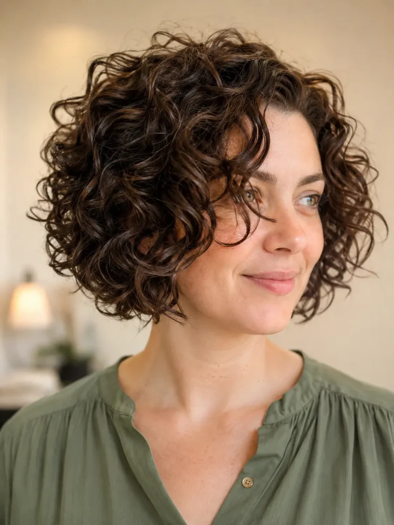 woman with a textured curly bob haircut featuring naturally separated chocolate-brown curls, wearing a sage-green blouse against a soft beige background.