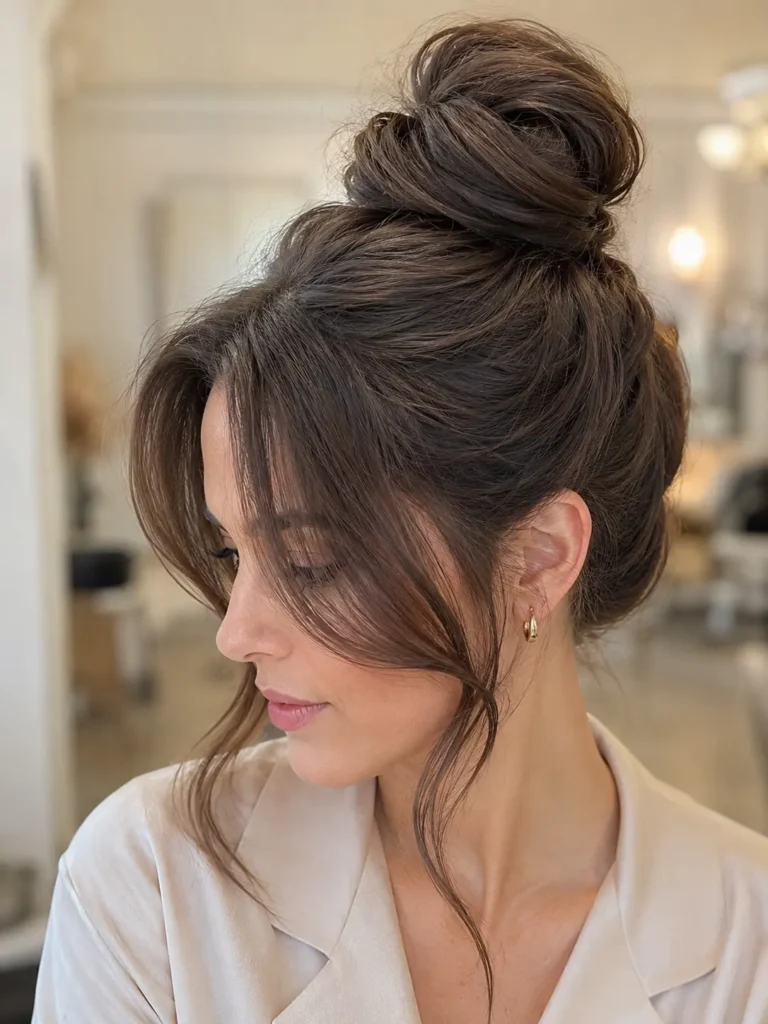 woman with medium brunette hair styled in a textured donut bun and long curtain bangs, photographed in bright natural daylight against a luxurious cream salon background