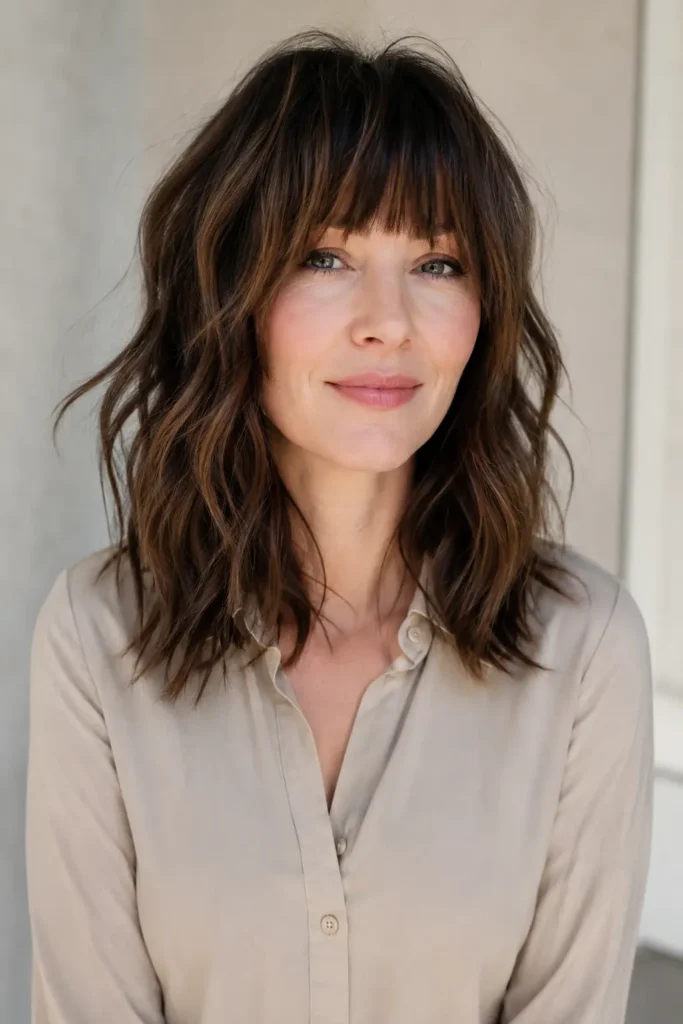 portrait of a German woman with a textured fringe and a softly tousled wavy long bob, featuring healthy, shiny hair, natural movement, a light cream background, and a modest beige blouse in bright daylight.