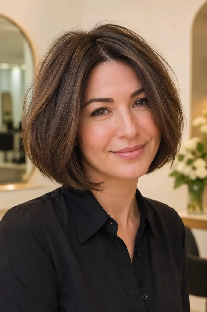 woman with a textured Italian bob haircut featuring soft internal layers and glossy medium-brown hair, photographed in bright daylight against a warm ivory salon background, wearing a black shirt.