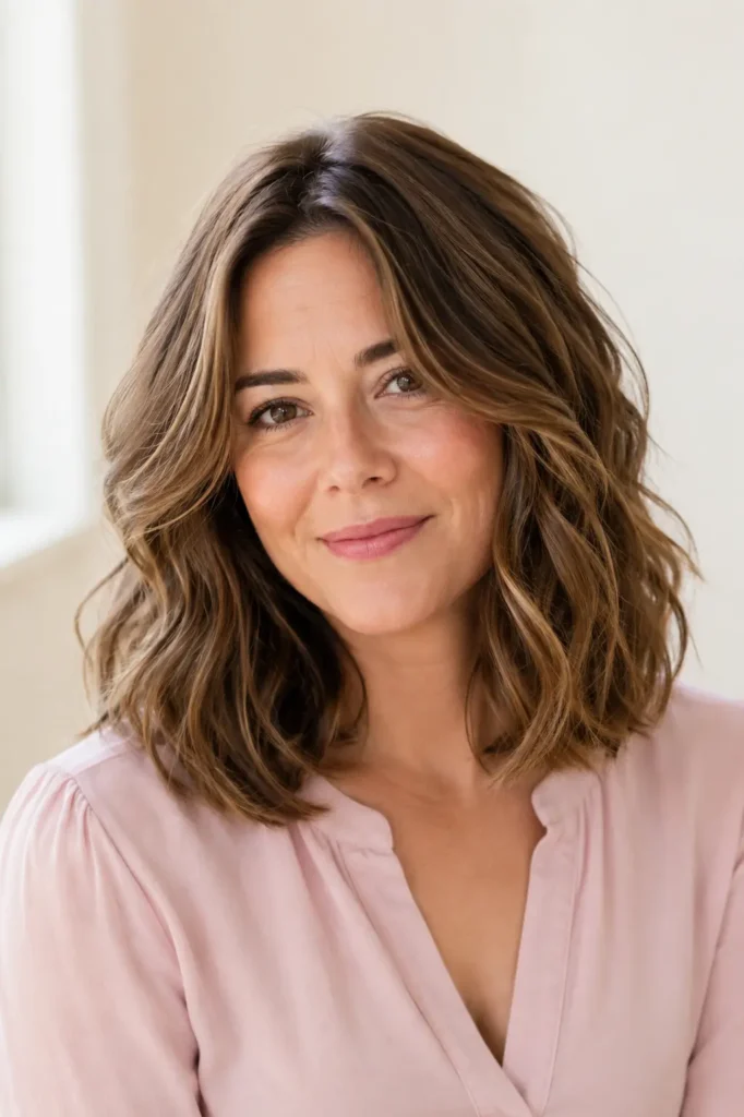 Textured shoulder-length lob haircut for thick wavy hair on a real English woman, featuring soft defined waves, natural volume, and textured ends in bright natural light.