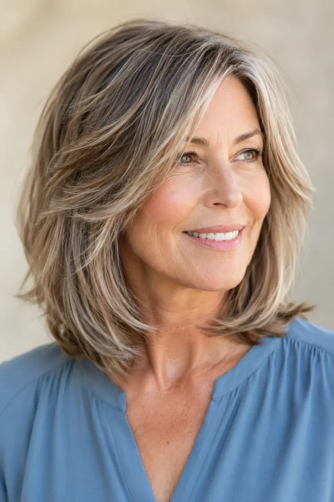 a 55–68-year-old English woman with a textured shoulder-length long bob (lob), soft layers, healthy shine, and natural movement, wearing a dusty blue blouse against a cream background.