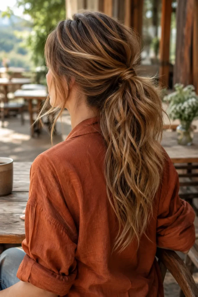 a white woman with a voluminous textured low ponytail featuring soft natural waves, dimensional layers, and delicate flyaways. Captured from a rear three-quarter angle, the hairstyle is the primary focus, paired with a rust-colored oversized button-up shirt