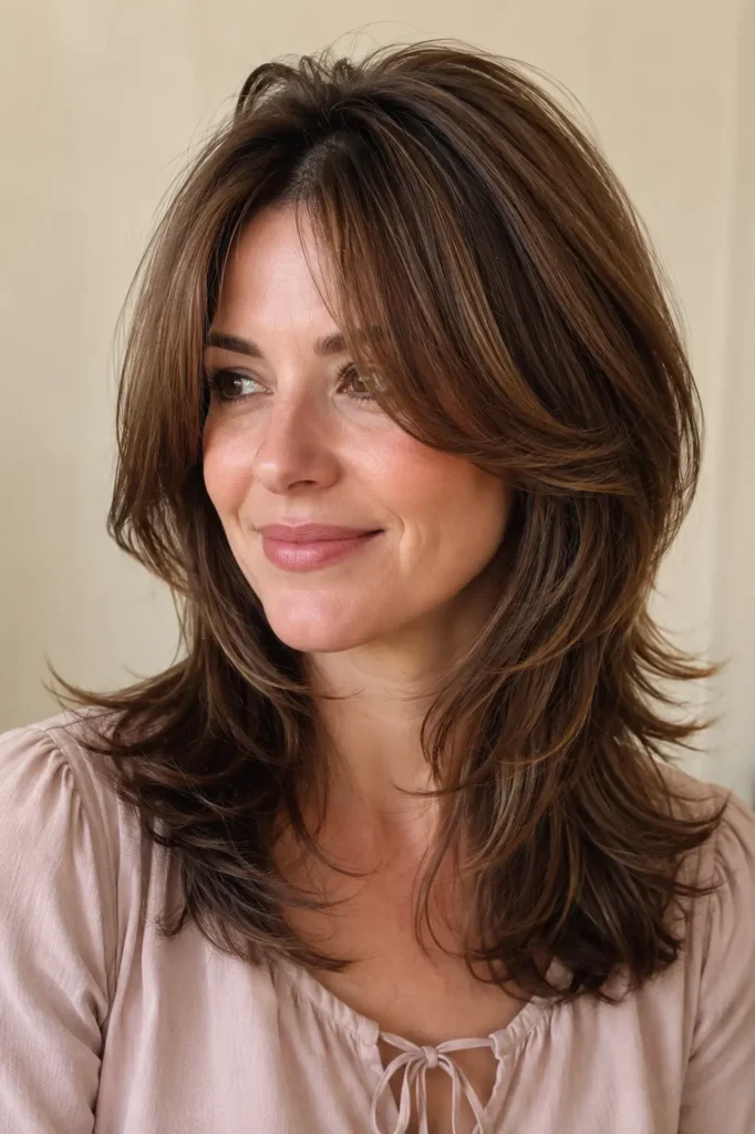 woman with a textured medium butterfly haircut featuring airy internal layers and softly choppy ends, glossy medium-brown hair, natural makeup, and a blush-beige blouse against a pale cream background