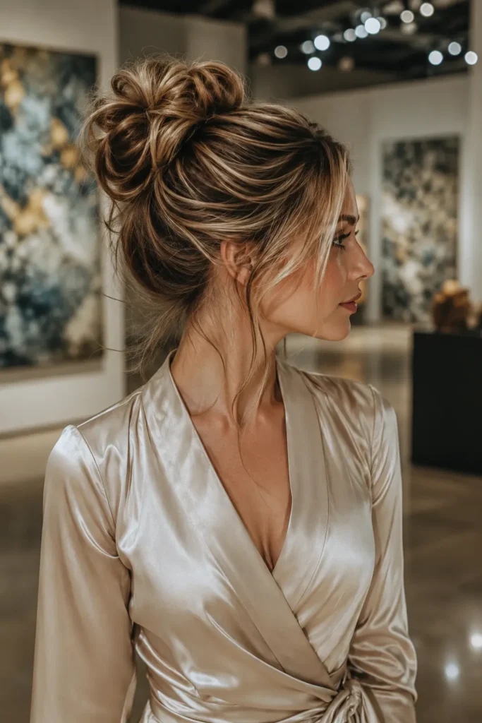 a white woman with a sophisticated textured messy bun featuring voluminous loose twists, a softly tousled crown, and elegant face-framing strands, wearing a champagne-colored silk wrap dress with a modest neckline in a softly blurred modern art gallery.