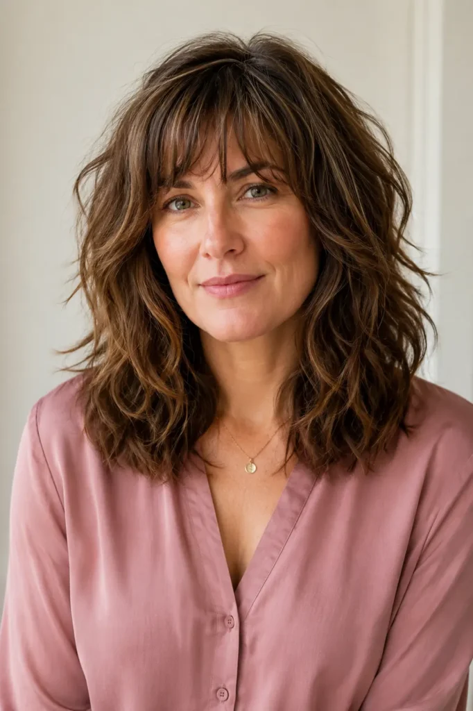 woman with a textured mid-length shag haircut for thick naturally wavy hair, featuring soft layered texture, natural volume, and defined waves. Photographed in bright window light against a pale ivory background, wearing a modest dusty-rose blouse, with the hairstyle in sharp DSLR focus.
