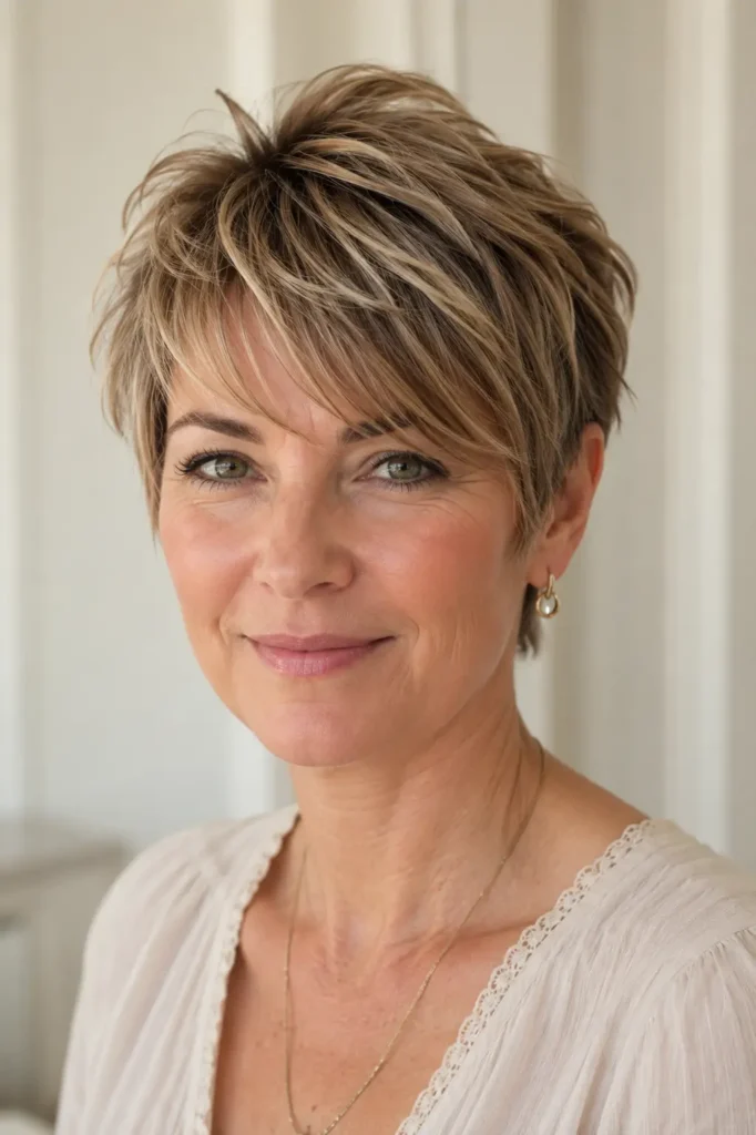 woman with a textured pixie cut, side-swept bangs, choppy layers, natural volume, and soft glossy hair in a DSLR portrait.